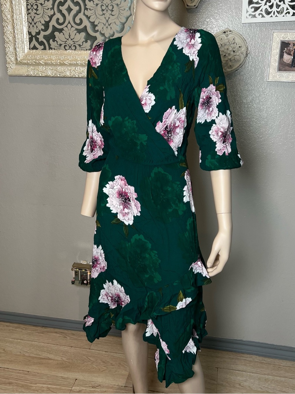 Tracy Reese Deep Green Wrap Dress with Pink Floral Motif